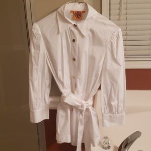 Tory Burch white cotton button up with sash belt